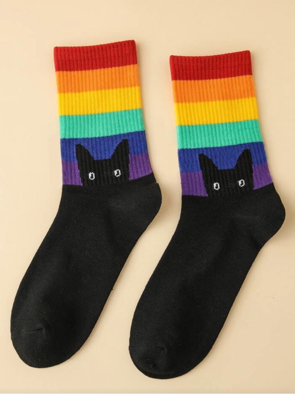 Black Cat Rainbow Stripe Crew Socks